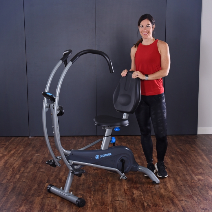 Woman stand aside on Easy step and holding the back of the chair.