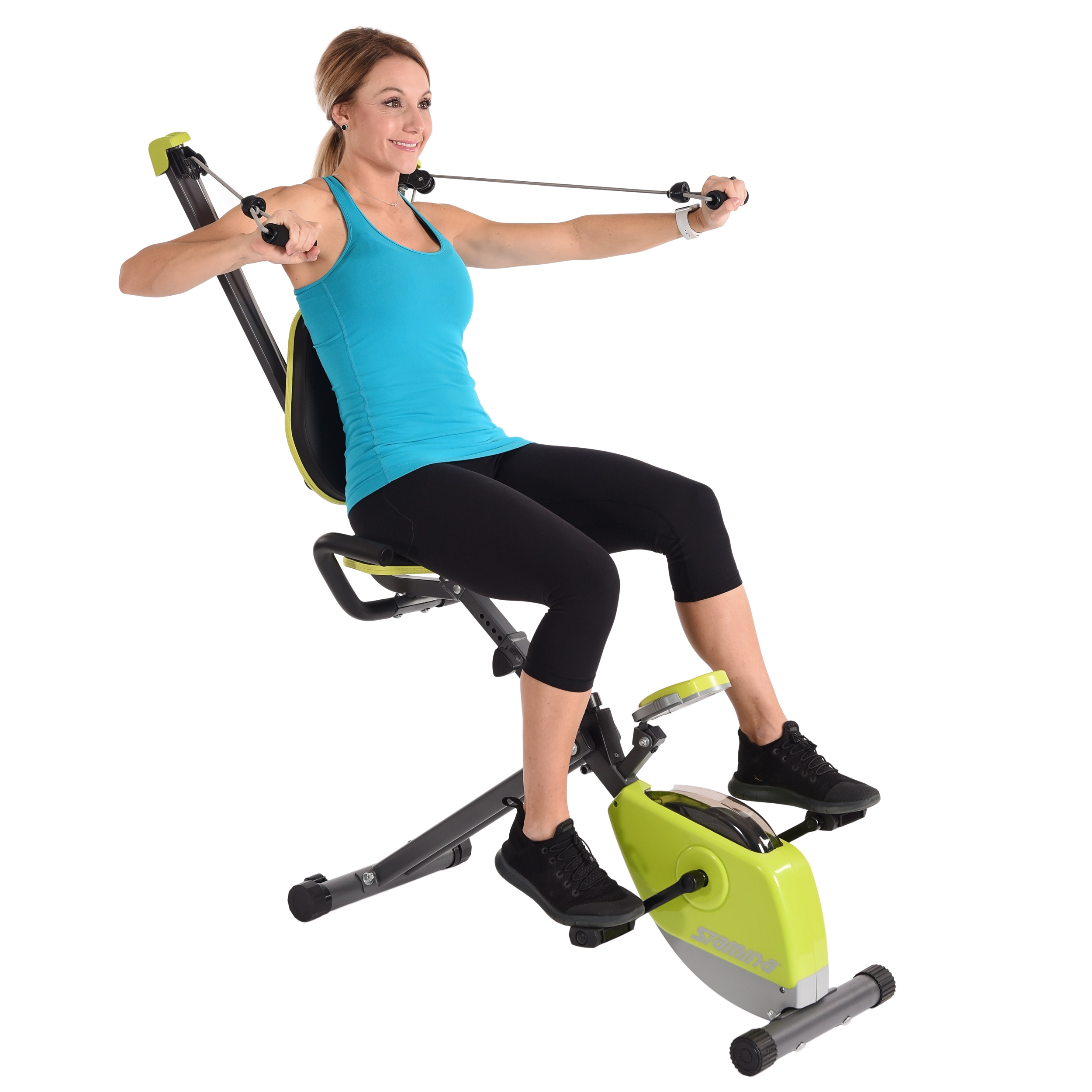 Smiling woman performing latiral raises on Stamina Wonder Exercise Bike.