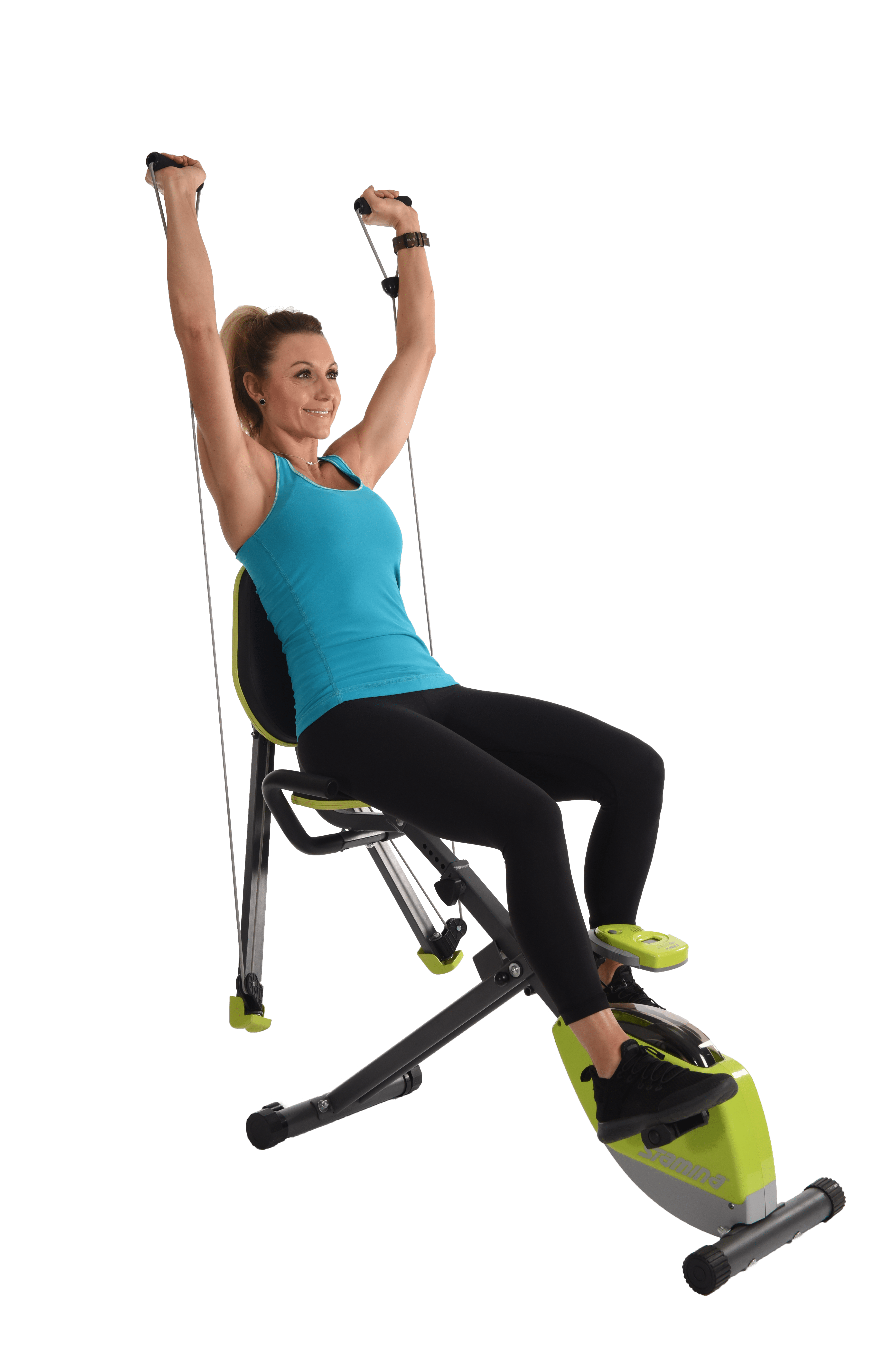 Performing incline press on Stamina Wonder Exercise Bike With Strength System.