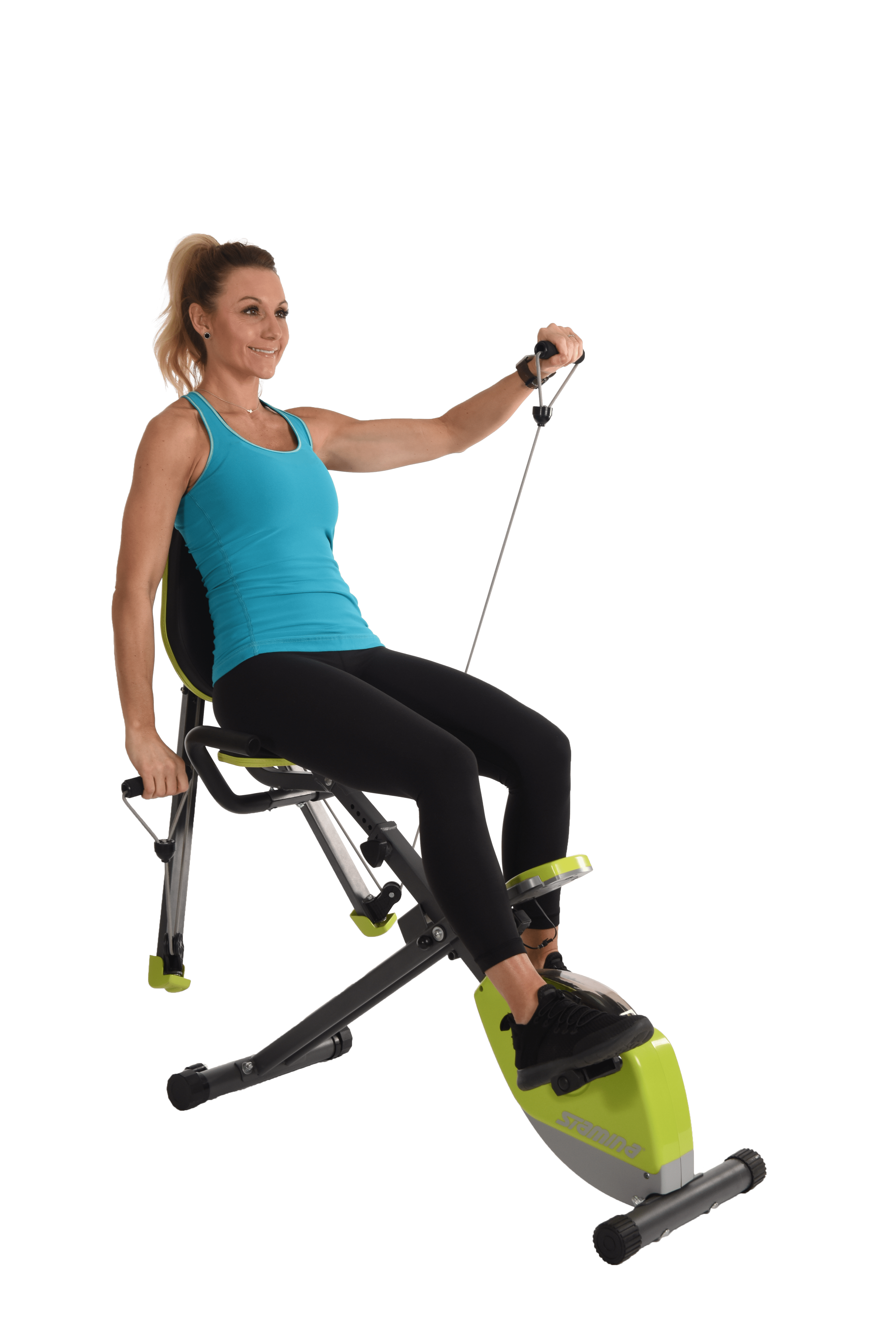 Performing seated forwad raises on Stamina Wonder Exercise Bike With Strength System.