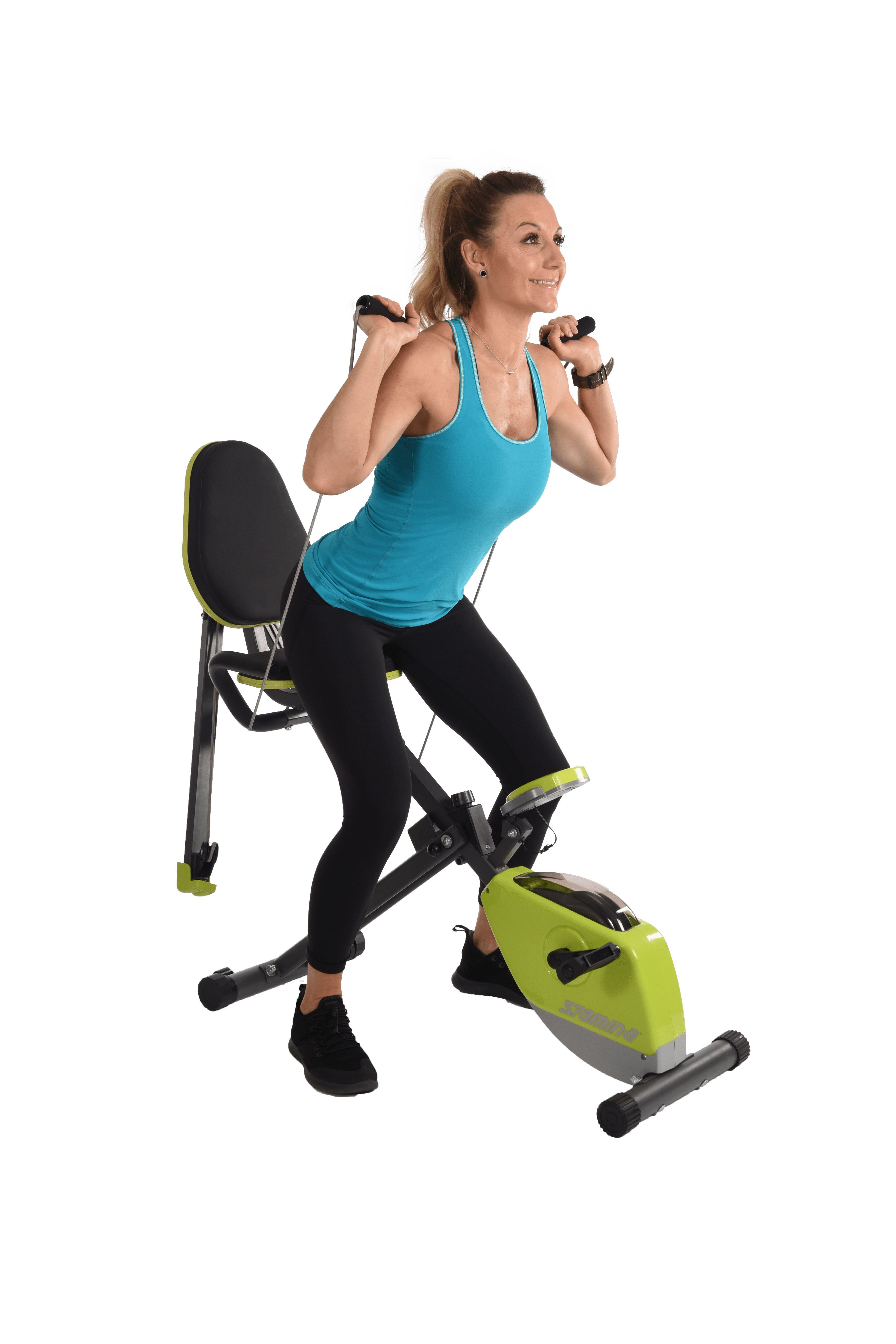Performing squats holding handles on Stamina Wonder Exercise Bike With Strength System.