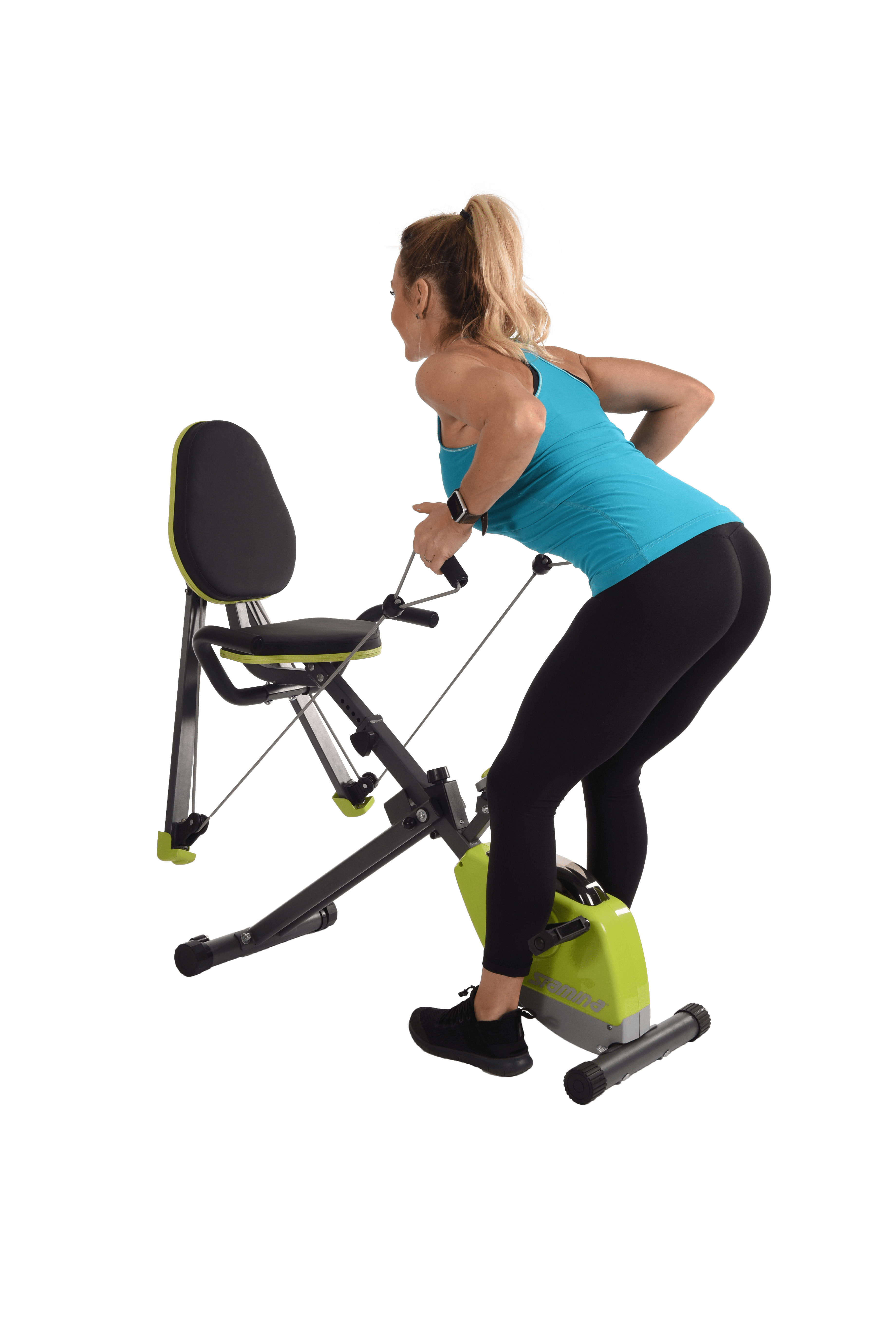 Performing bent over rows on Stamina Wonder Exercise Bike With Strength System.