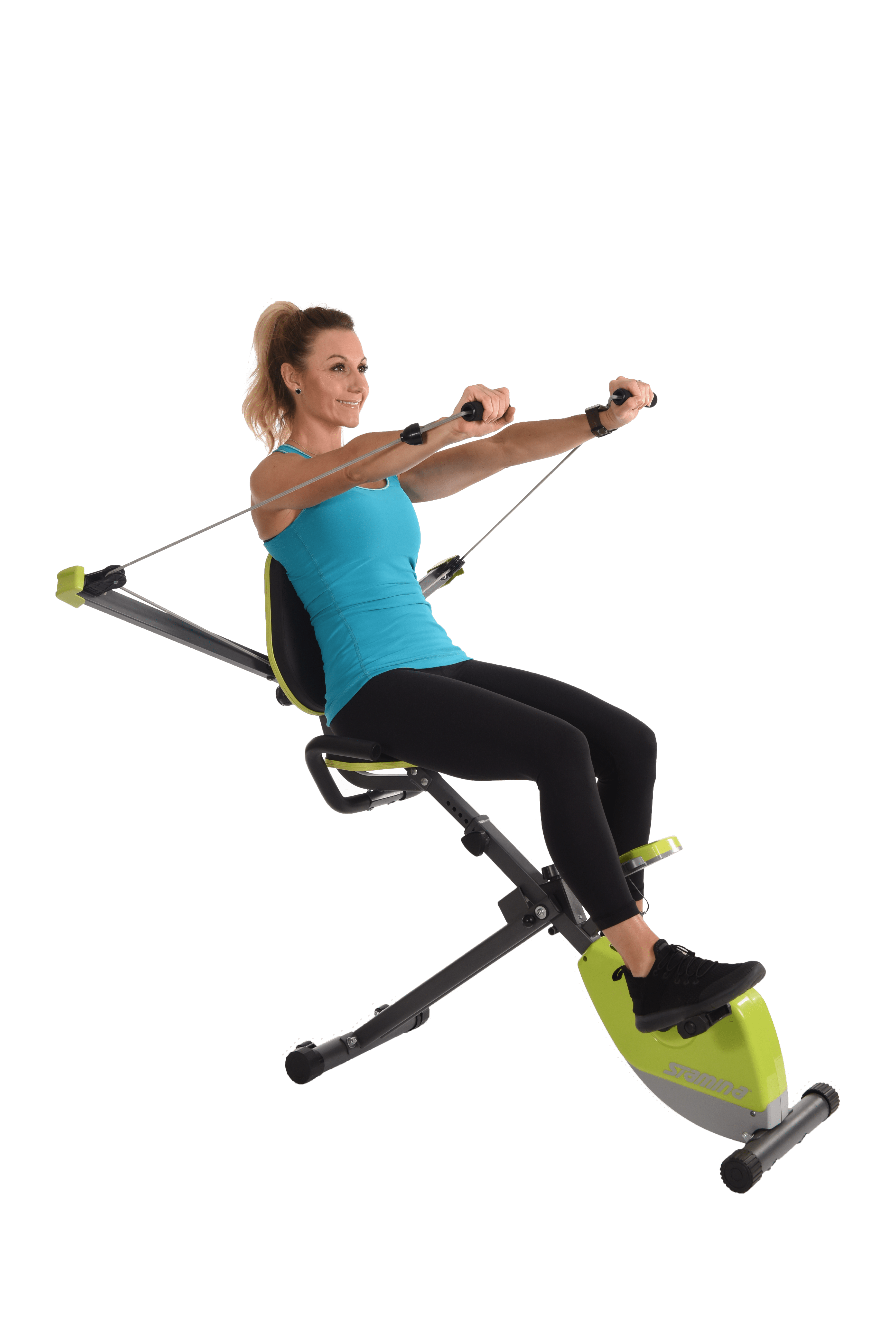 Performing chest press on Stamina Wonder Exercise Bike With Strength System.