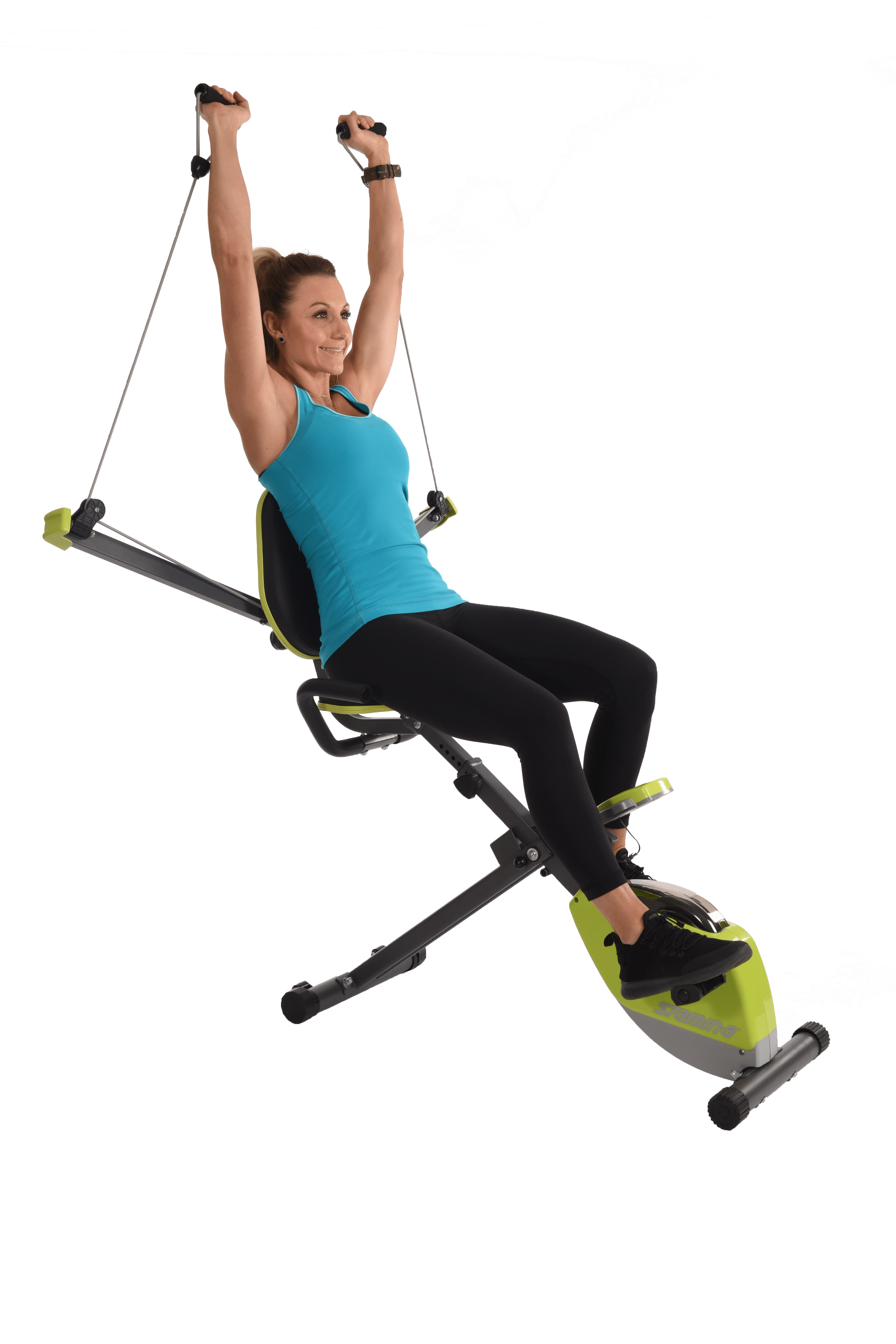 Performing shoulder press on Stamina Wonder Exercise Bike With Strength System.