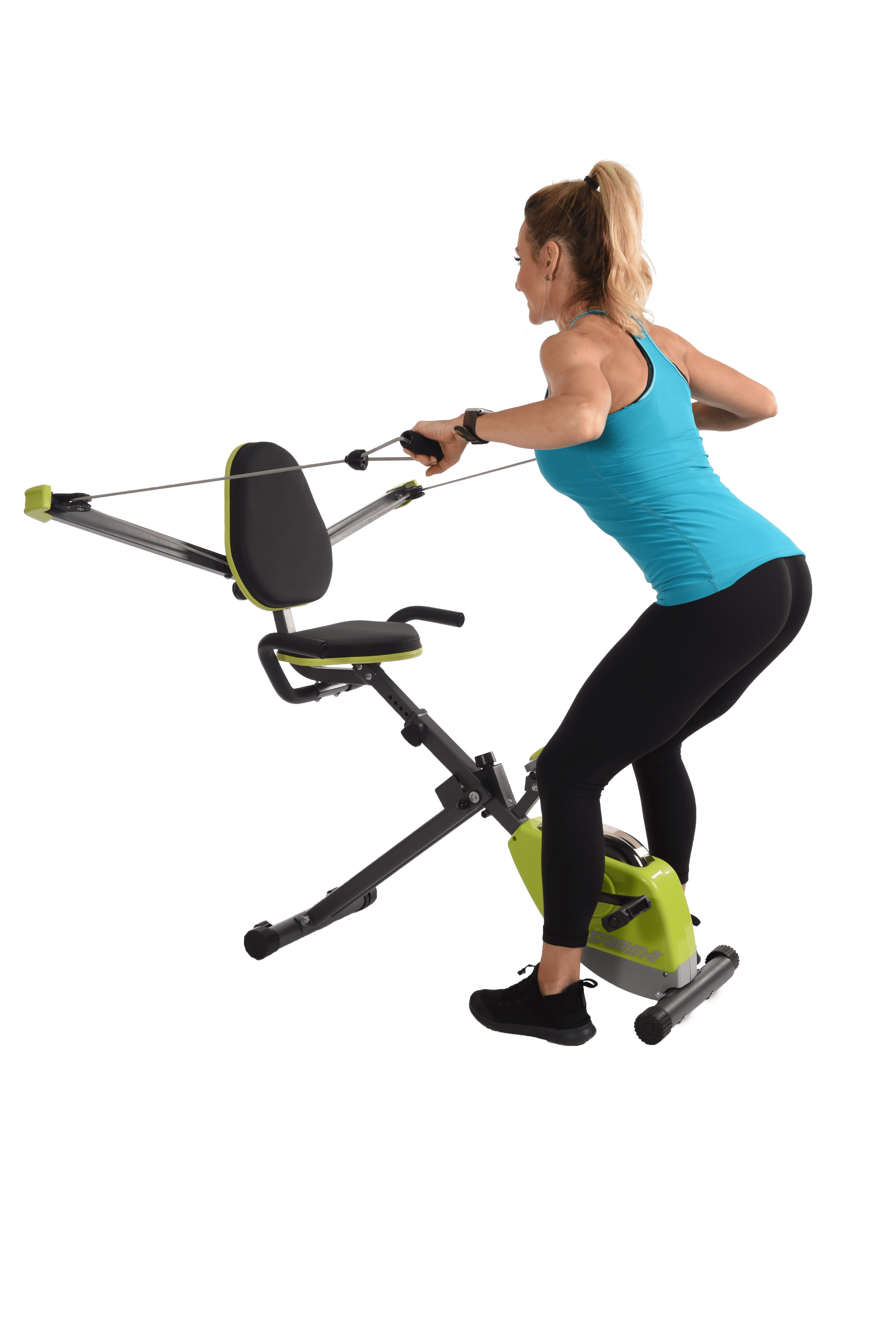 Performing standing rows on Stamina Wonder Exercise Bike With Strength System.