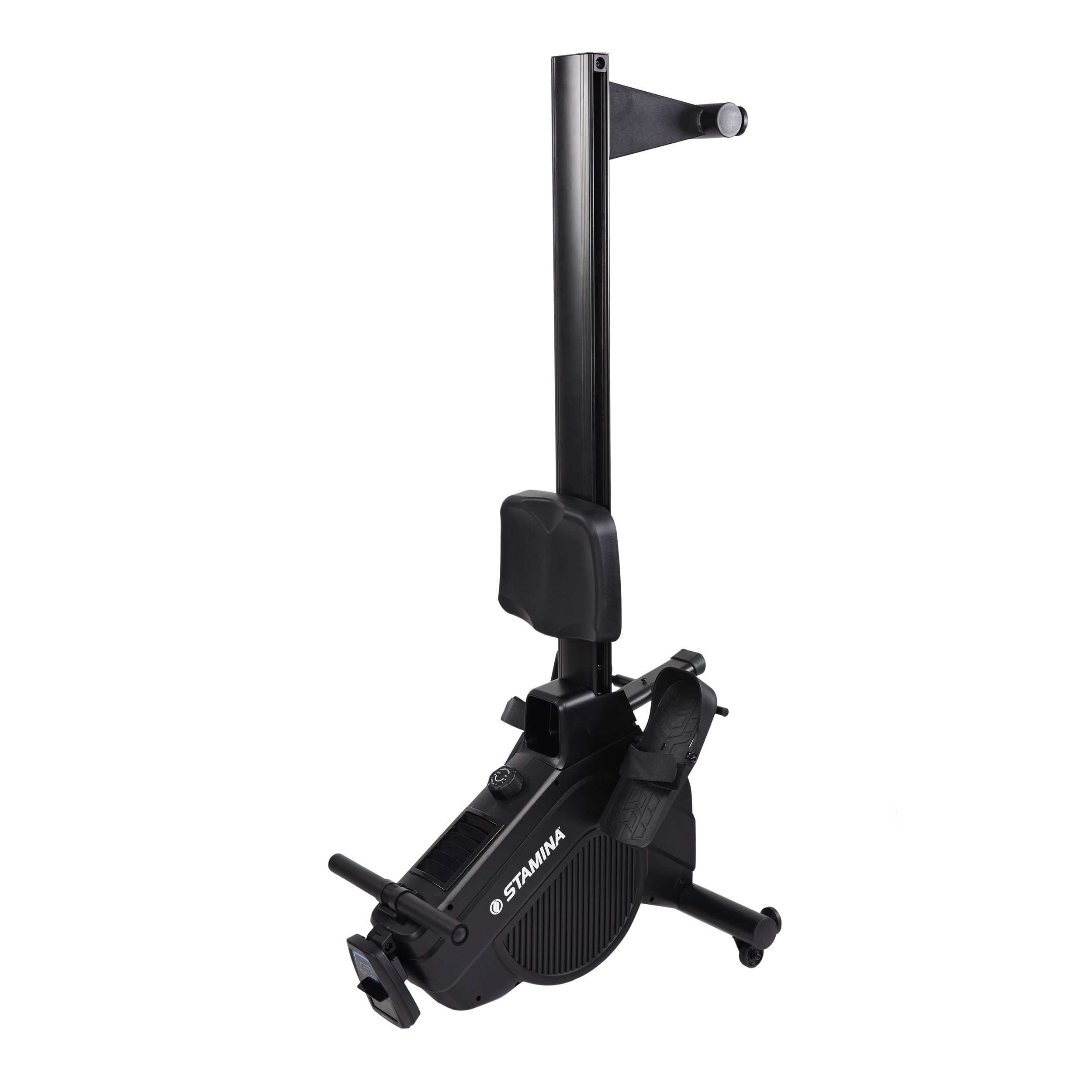 Black rowing machine standing upright