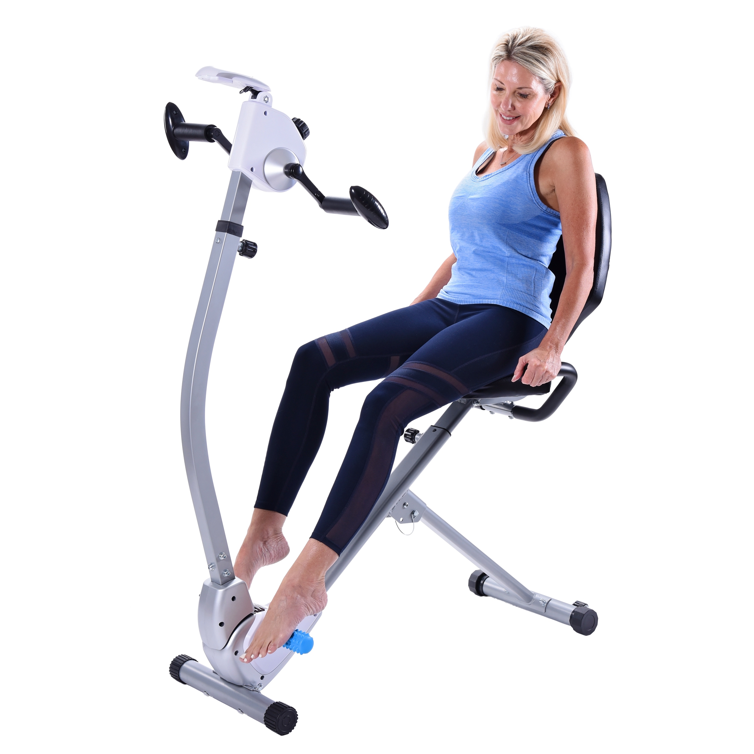 Seated woman leg down straight on Stamina Upper Body Exercise.