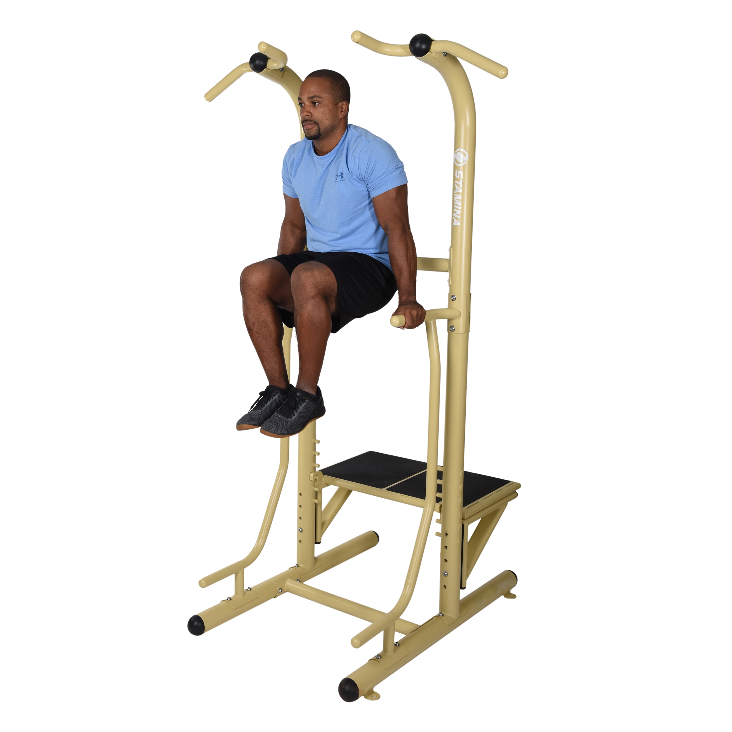 Man workout her arms on Stamina Outdoor Power Tower Pro Dip Station